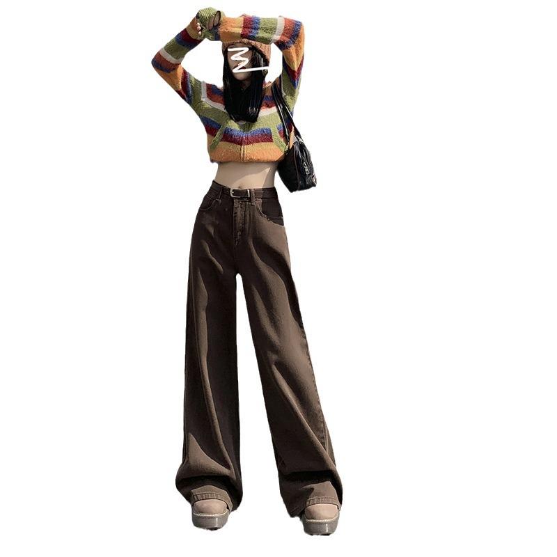 Maillard Women's Retro Brown Wide-Leg High-Waist Jeans, Plus Size, Floor-Length, Spring/Autumn 2025