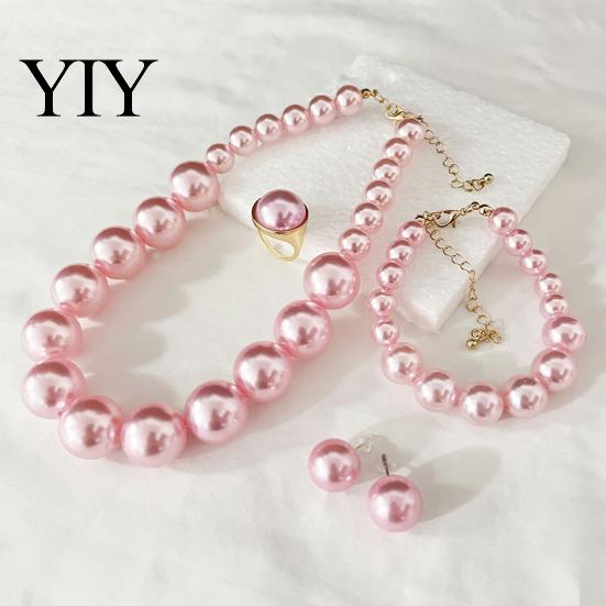 Faux Pearl Earrings Necklace 3Pcs/Set Imitation Pearls Jewelry Set, Adjustable Length Choker with Ear Studs Wedding Bracelet And Bracelet, Set