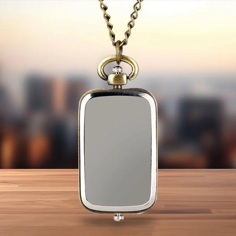 Retro Inspired Bronze Pocket Watch Keychain; Square Quartz Timepiece with Double Time Movement Antique Style