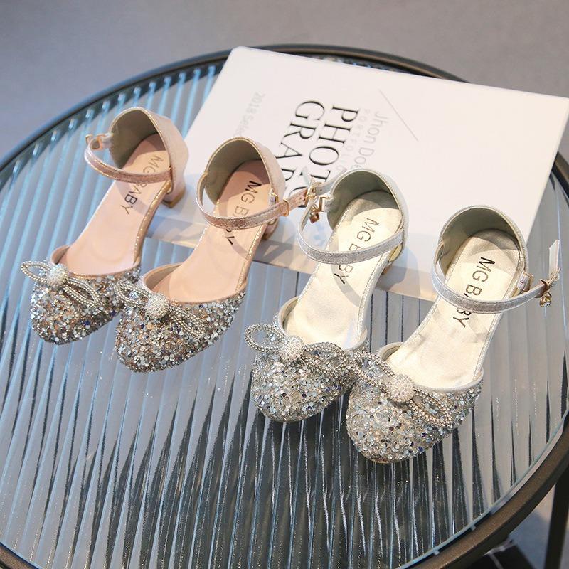 Girls Korean Style Princess Crystal Closed Toe High Heel Dance Sandals