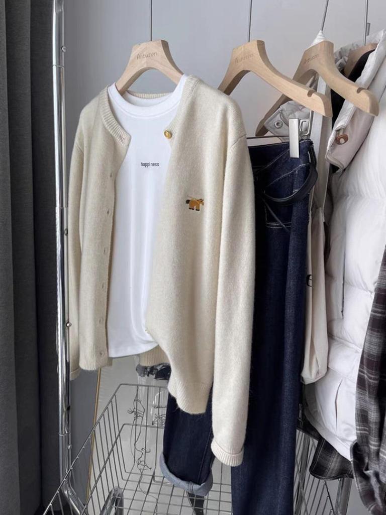 2024 Spring Women's Wool Cardigan - Round Neck with Little Horse Embroidery.