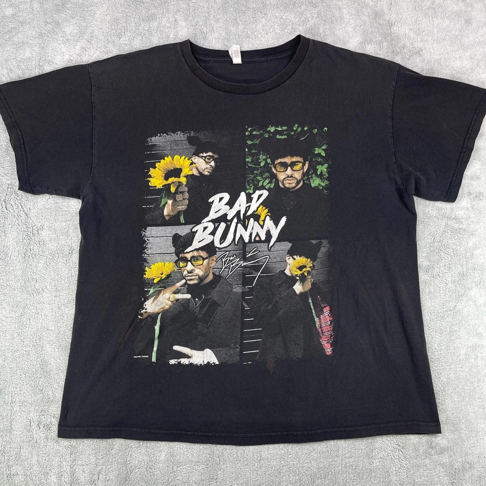 

Bad Bunny T-Shirt Men s XL Black Cotton Graphic Sun Flowers Crew Neck Pullover L