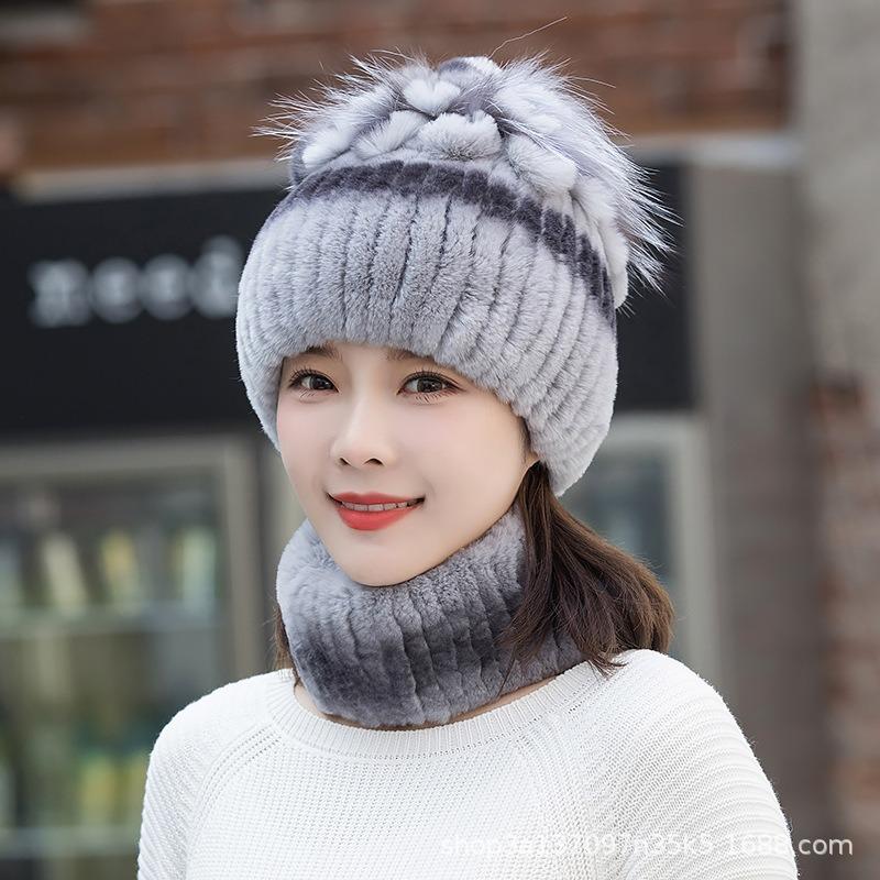 New Rex Rabbit Hair Knitted Hat Women's Autumn and Winter Thickened Ear Protection Warm Elastic Knitted Fur Hat Scarf