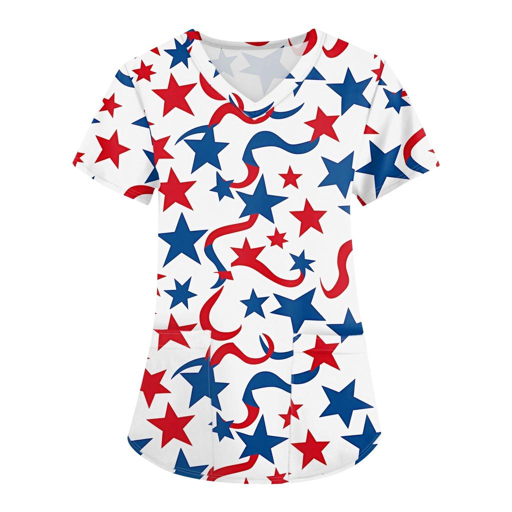 Women's Fashion V-neck Short Sleeve Workwear With Pockets  Independence Day Printed Tops