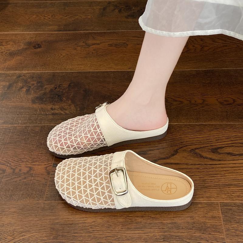 Fashion CRLAYDK Mule for Women Backless Buckle Loafers Slip On Mesh Hollow Out Casual Walking Flat Slides Closed Toe Ladies Slippers