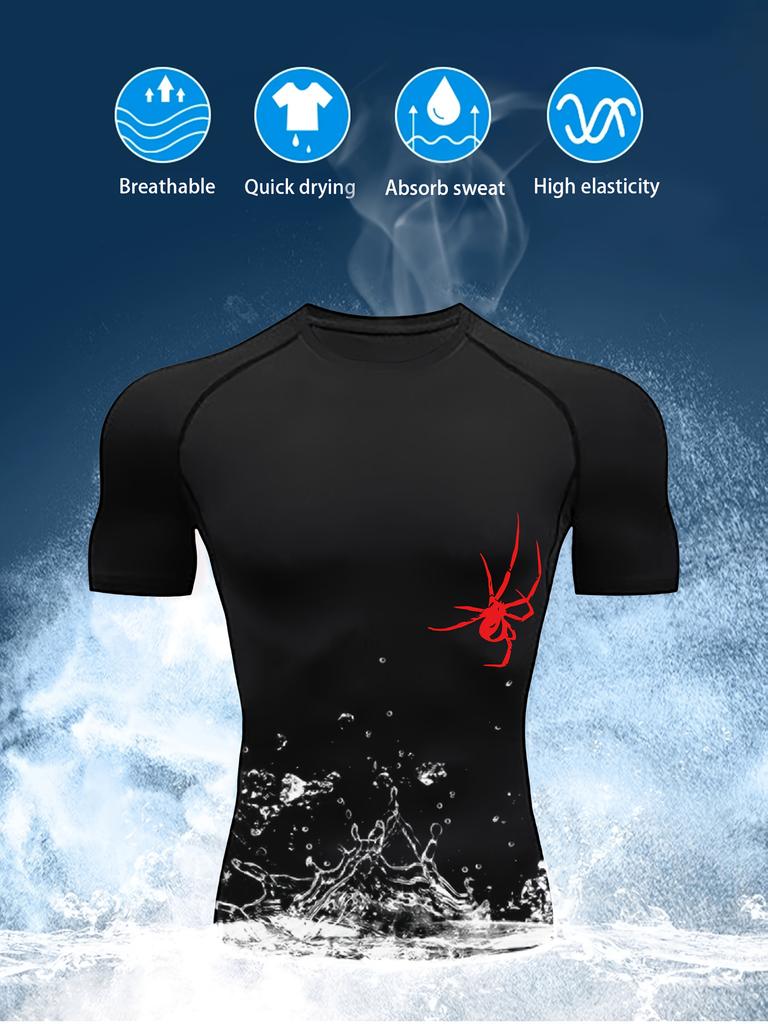Men Short-Sleeve Compression T-Shirt Breathable Quick-Drying High Elasticity Spider Print, Running, Cycling, Gym Workouts Shirts