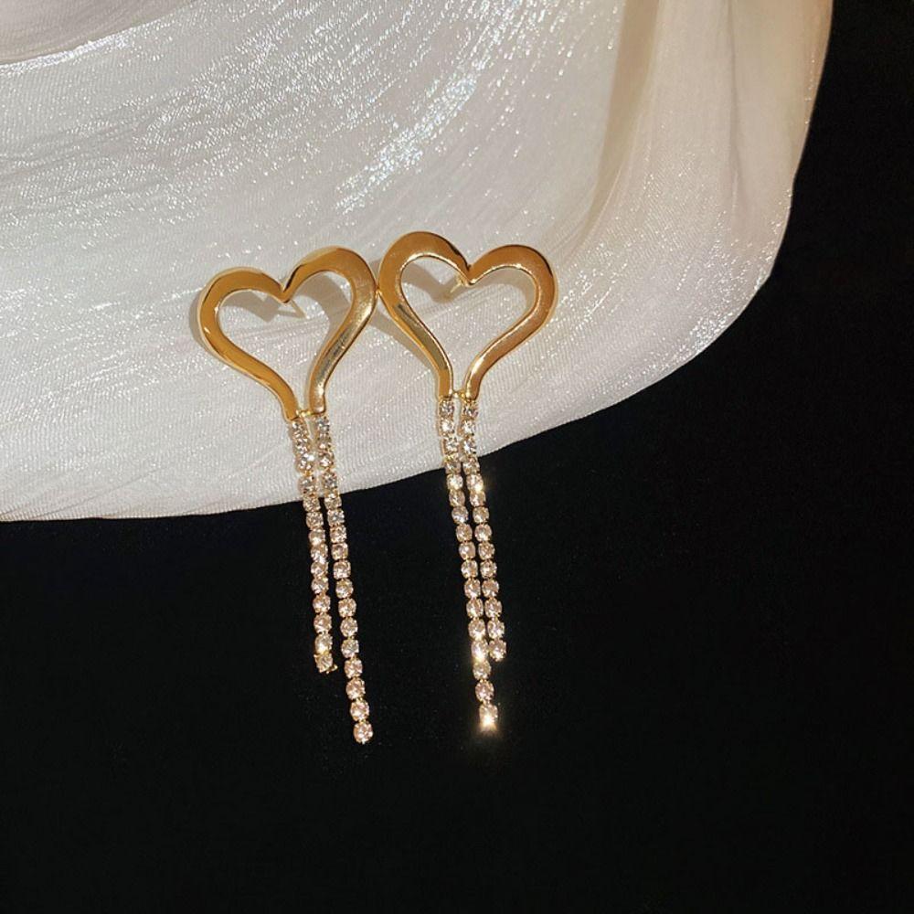 Temperament Heart Earrings Rhinestone Drop Earrings Fashion Long Tassel Earrings  Wedding