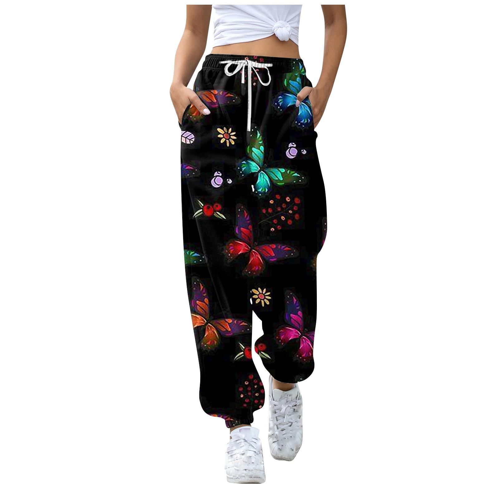 Women s Casual Fashion Butterfly Print Casual Drawstring Elasticated Waist Drawstring Pants XXL