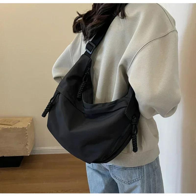 Bolsa transversal casual com zíper de nylon, linha de costura, bolsa de ombro feminina hobos, grande capacidade, alta qualidade, versátil