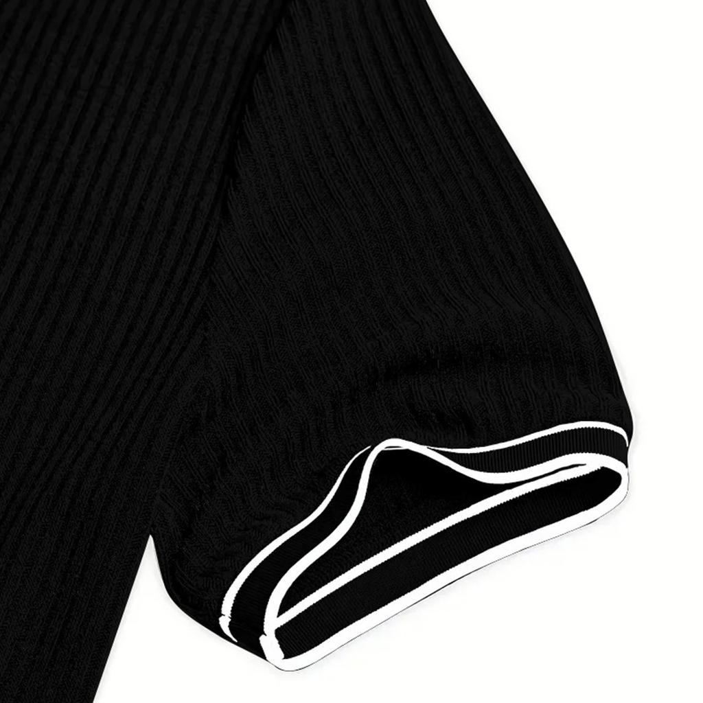 Men Short Sleeve Polo Shirt Trim Ribbed Knit Button Down Collared Casual Top for Summer Daily Wear Office