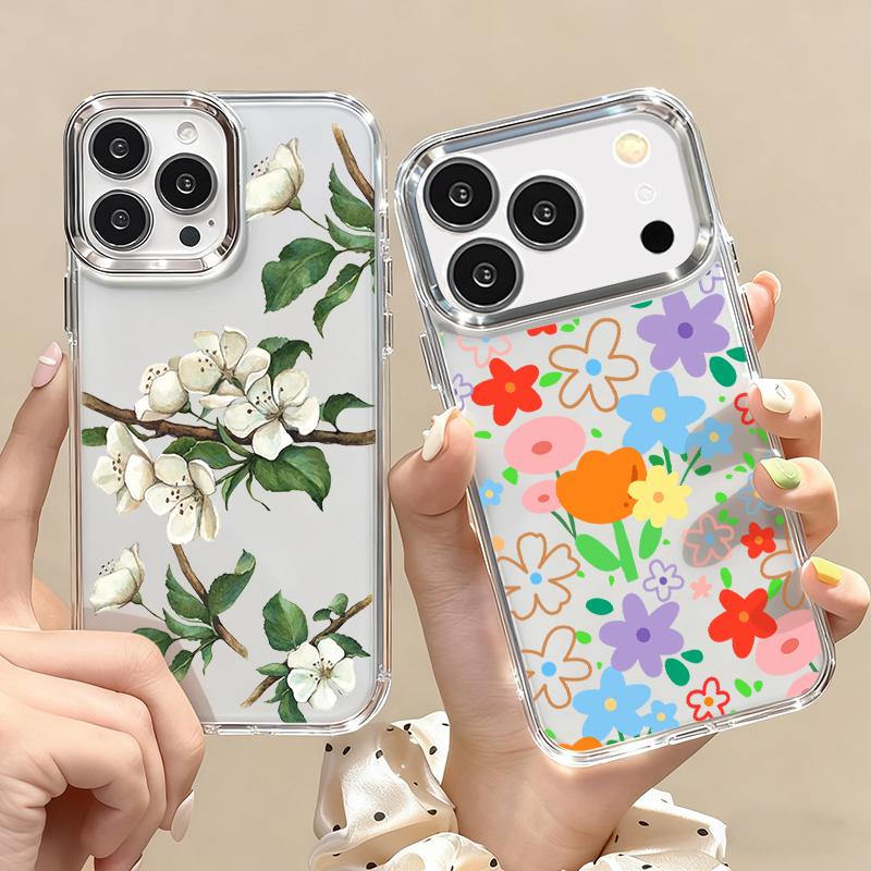 Pink Cartoon Floral Case For iPhone 17 Pro Max iPhone 16 15 14 13 Pro Max 11 17e 16e Plating Lens Frame Clear Soft Silicone Back Cover