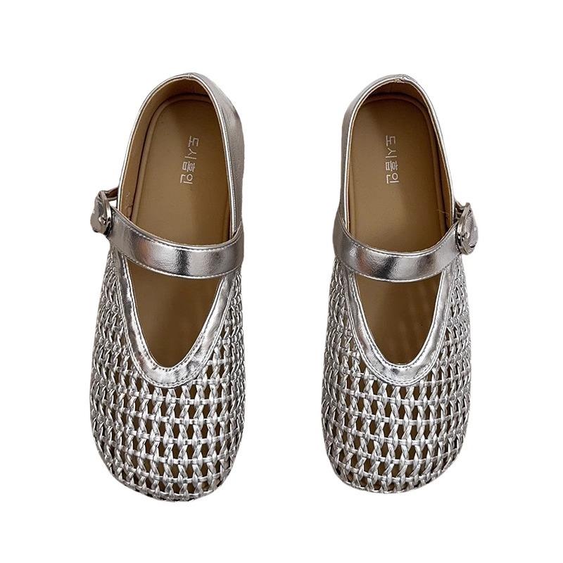 Mary Jane single shoes women's 2025 summer new French hollow fishing net crocheted silver light mouth Roman bean shoes women's shoes