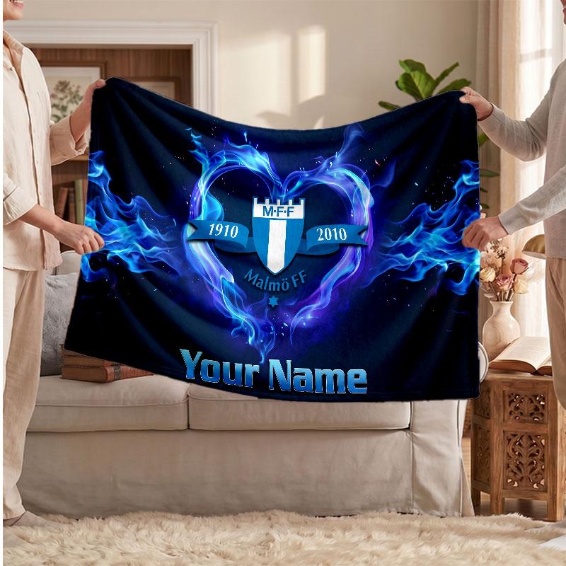 Malmö FF Personalized Fleece Blanket With Football Logo, Custom Name Text Soft Warm Home Throw Blanket