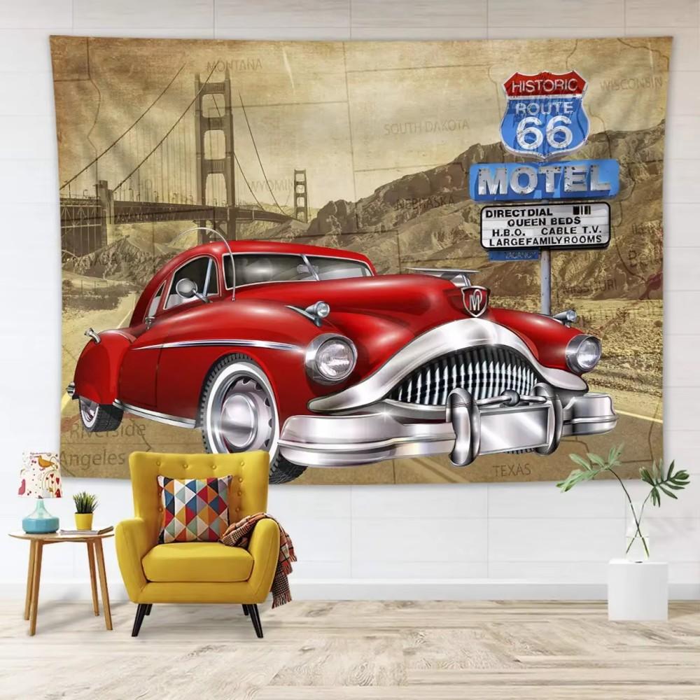 VIKAM American Route 66 Retro Wall Tapestry, Desert Highway Polyester Hanging Tapestry, Bar and Auto Shop Backdrop Decor 100X70CM