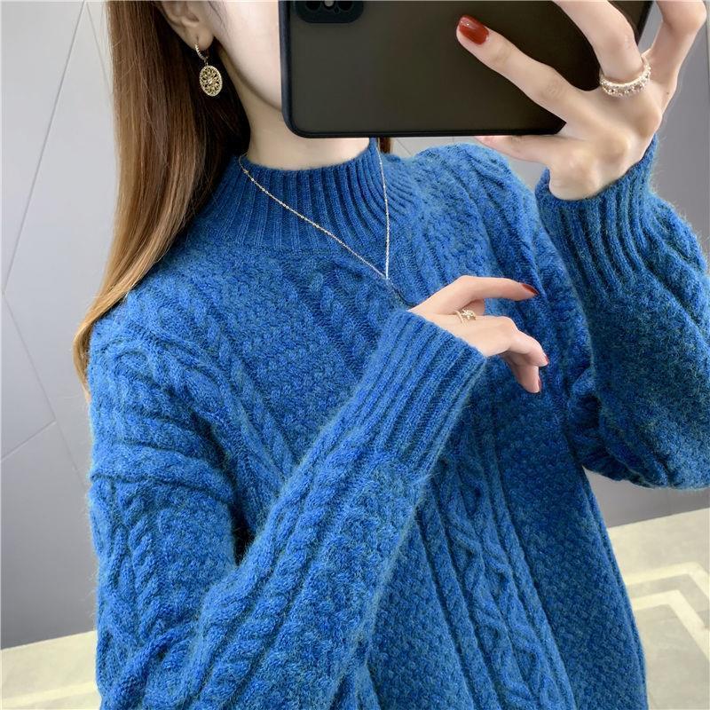 

Осінньо-зимовий жіночий пуловер зі смаженим тістом, напіввисоким вирізом, верхній пуловер, потовщений усередині, з в’язаним низом, вільний 3XL королівський синій колір