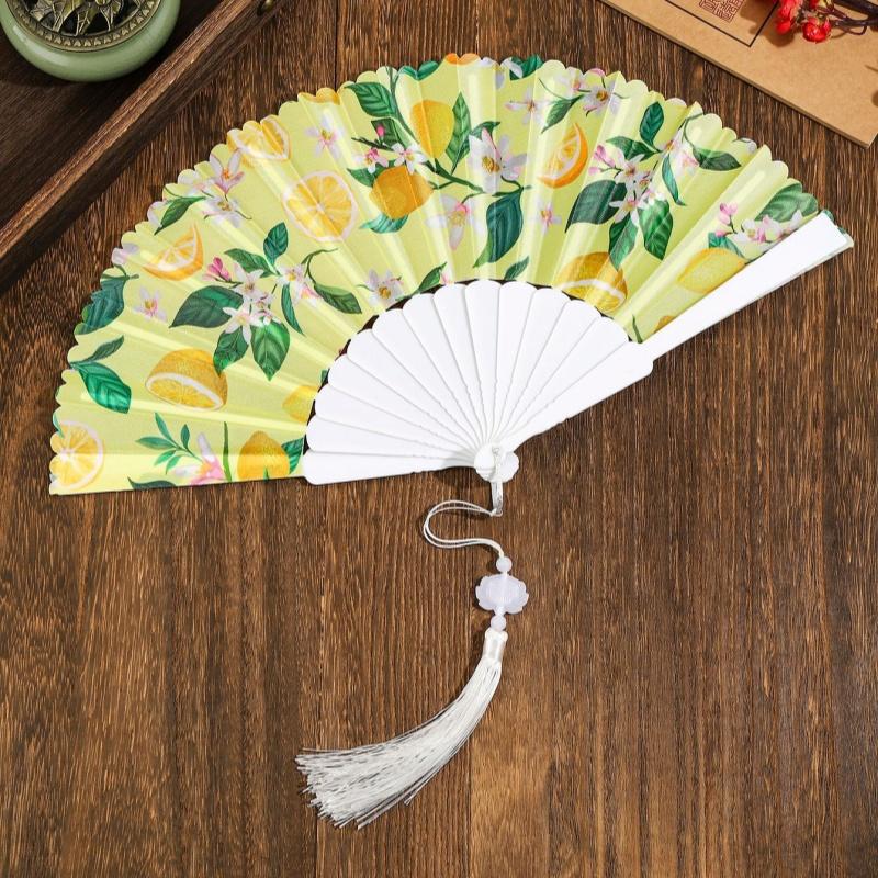 1Pcs Summer Folding Hand Fan Cherry Lemon Fruit Pattern Portable Plastic Frame Fabric Tassel Cooling Fan For Home Women