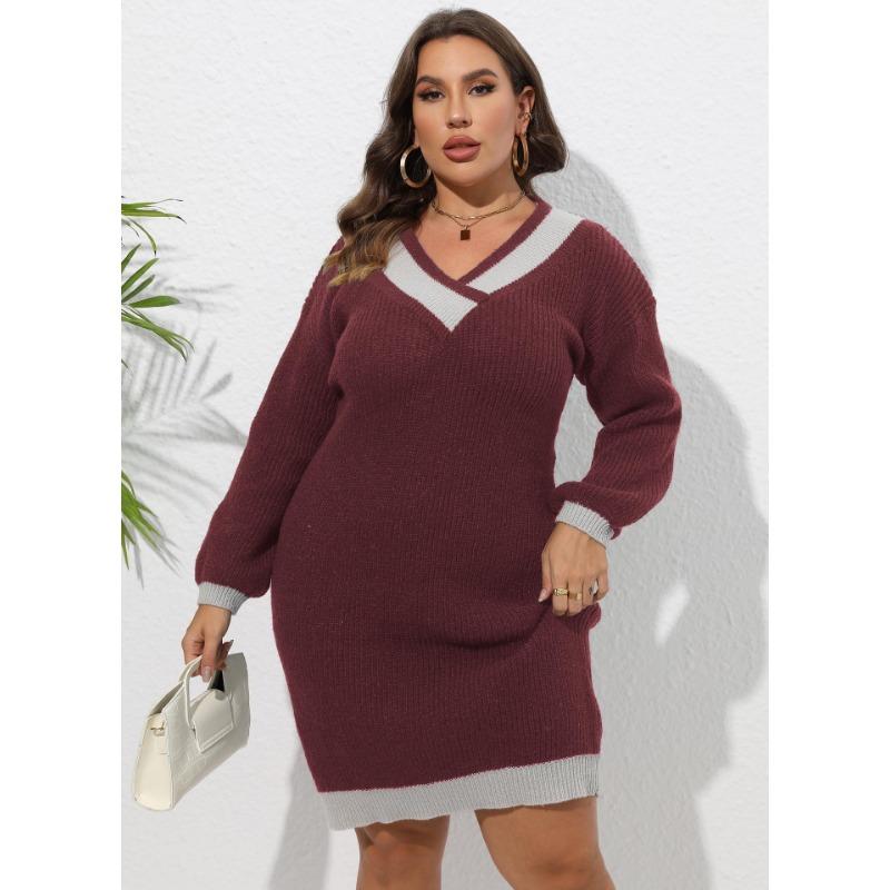 Rochie de pulover de toamnă și iarnă pentru femei, țesute cu decolteu în V, culoarea coliziunii, îmbinată la șold