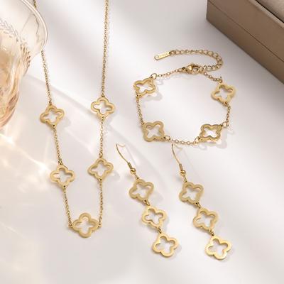 3PCS Versatile Premium 18k Golden Surface Hollow Clover Titanium Steel Bracelet Necklace Earrings Set