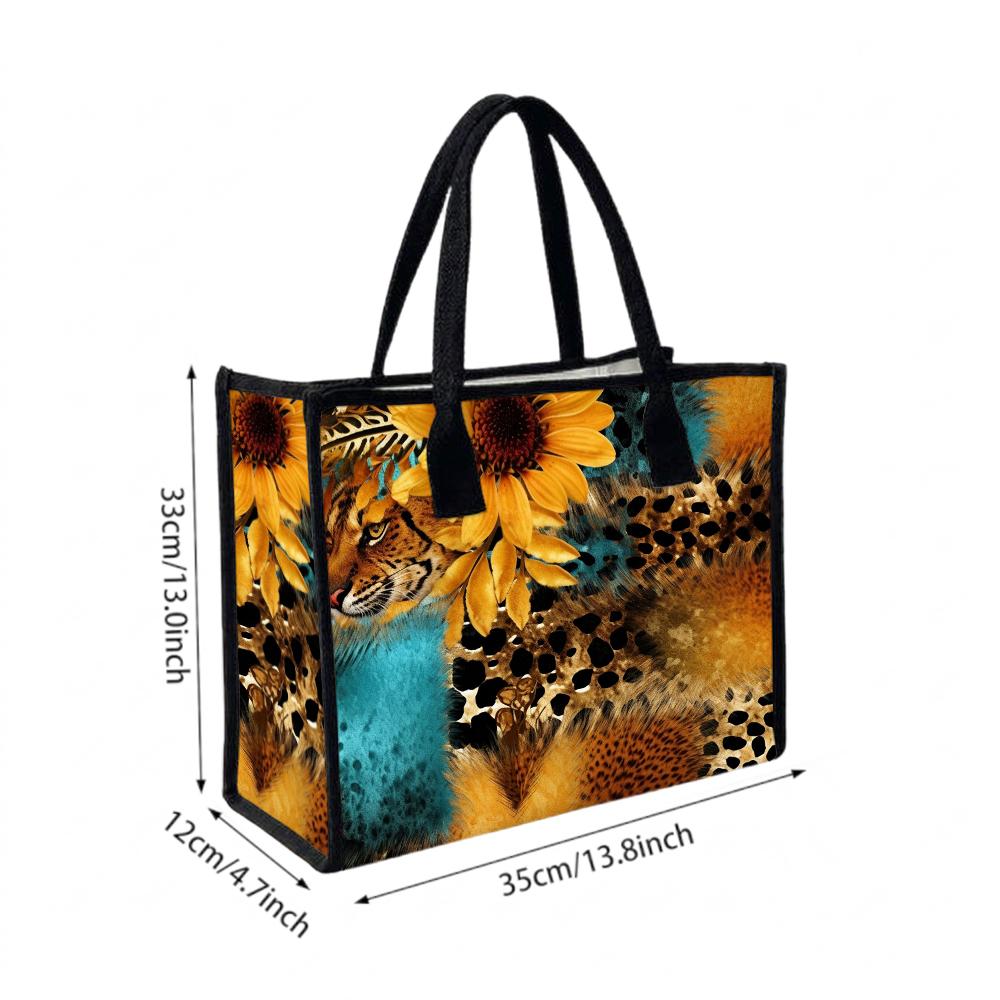 Leopard Sunflower Printed Tote Bag Fashion Casual Large Capacity Handbag for Daily Use