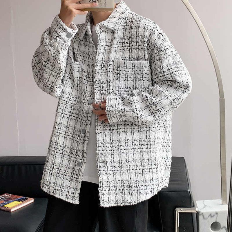 Men's Spring Autumn Winter Woolen Tweed Slim Fit Collarless Jacket Color Blocking Design Youthful Look