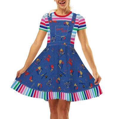 Halloween Anime Cartoon Print Women Ladies Dress Crew Neck Short Sleeve Skirt for Party Cosplay Dress Up