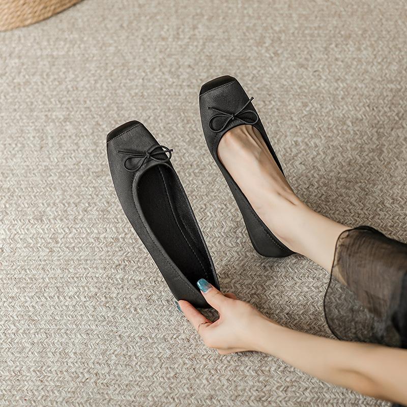 Fashion Deliate Bowtie Silk Ballerinas Woman Traf Pig Square Toe Flats Shallow Slip On Moccasins Femme Brides Wedding Shoes Pink Ballets