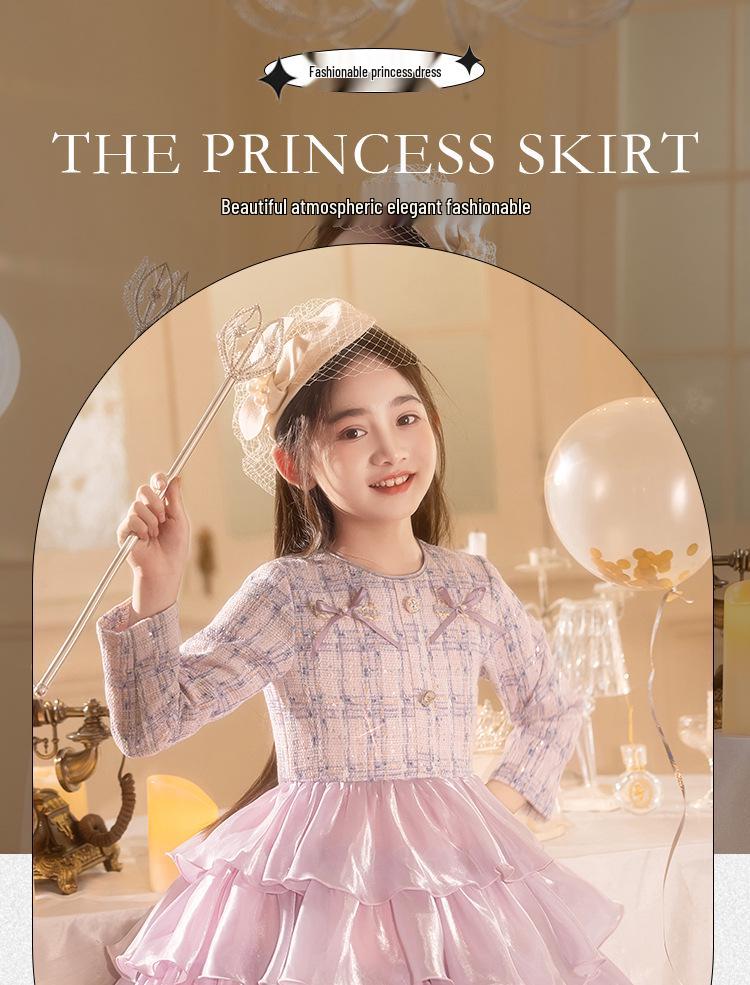 Girls' Princess Puff Sleeve Dress - Elegant Autumn/Winter Birthday & Evening Wear