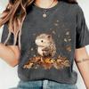 Women Heather Purple T-shirt Cute Hedgehog Autumn Fall Leaves Print Casual Crewneck Short Sleeve Tops