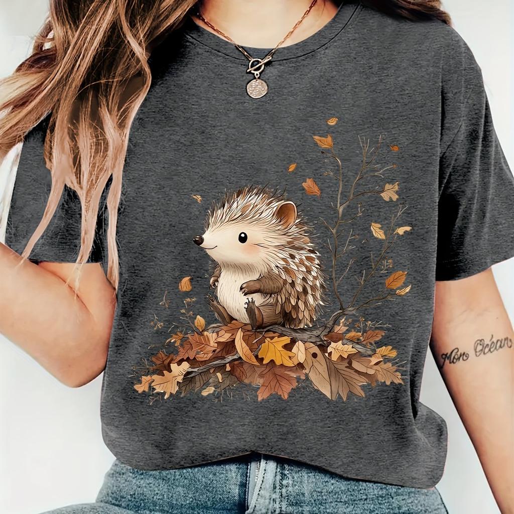 Women Heather Purple T-shirt Cute Hedgehog Autumn Fall Leaves Print Casual Crewneck Short Sleeve Tops