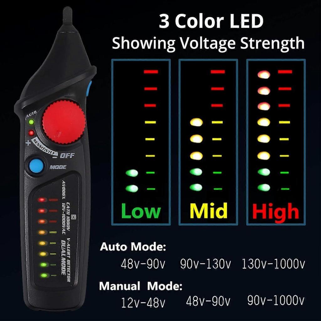 Berührungsloser Spannungsprüfer Elektrischer Spannungsdetektor AC 12V-1000V/48V-1000V Automatischer/Manueller Dual-Modus Elektrische Tester mit LED-Taschenlampe