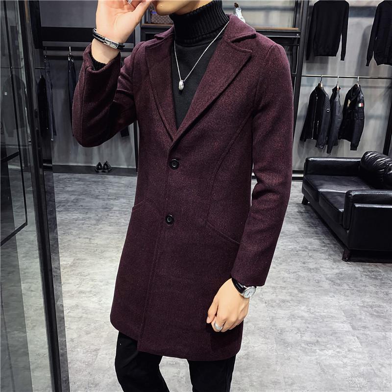 Herbst und Winter Neuer Herren Woll Trenchcoat Slim Einreihiger Wollmantel Mittellanger Mantel