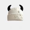New Unisex Knitted Beanie With Devil Horns Halloween Distressed Skull Cap Hip Hop Winter Warm Yarn Hat For Men Women