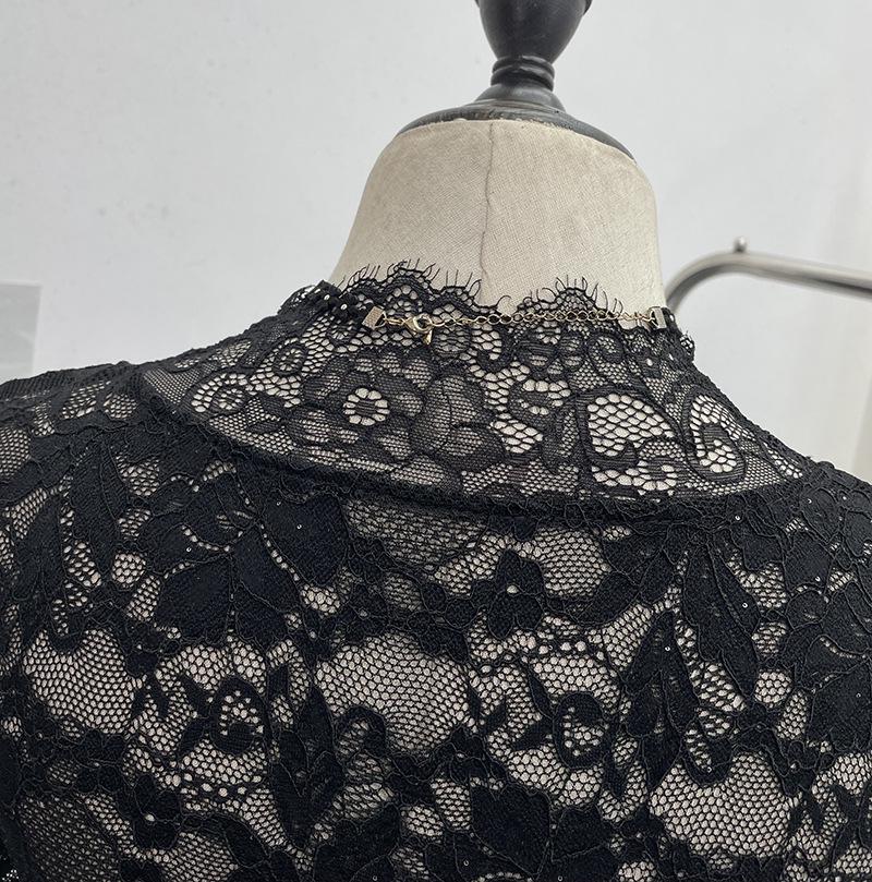 Women's Sexy V-neck Lace Shirt with Lace-up Bowknot and Hollow Long Sleeves