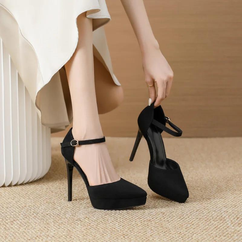Fashion New Pointed Toe Platform Women Sandals Flock Buckle Strap Stripper Party Thin High Heel Shoes Sexy Female Pumps Zapatos De Mujer