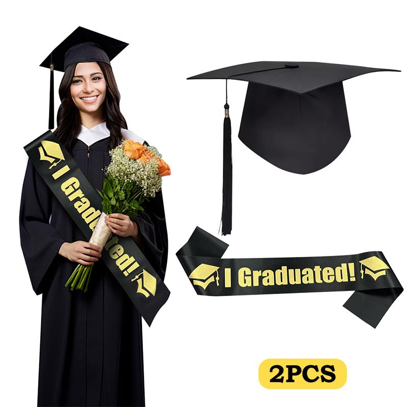 1/2/3Pc Class Of 2026 Black Golden Satin Sash Bachelor Cap With Tassel Graduation Shoulder Strap Congrats Grad Party Photo Props