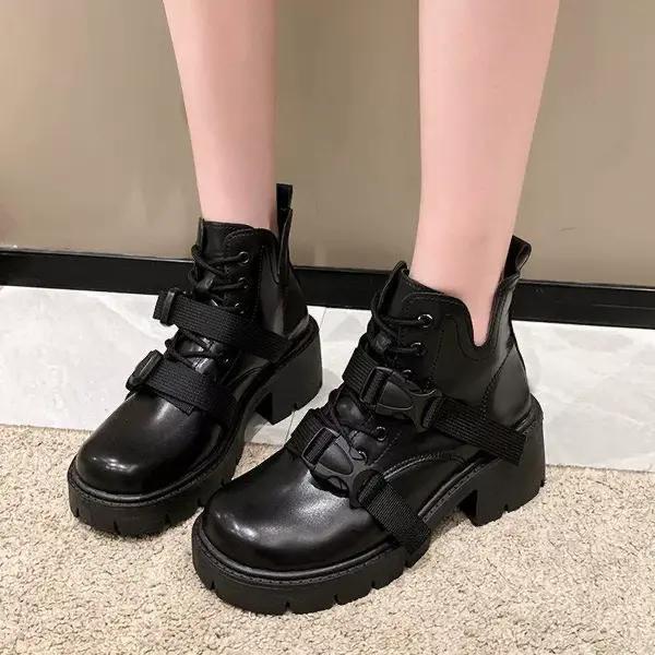 Muffin bottom retro lace-up round head thick-soled short boots women's autumn new thick-heeled British locomotive boots
