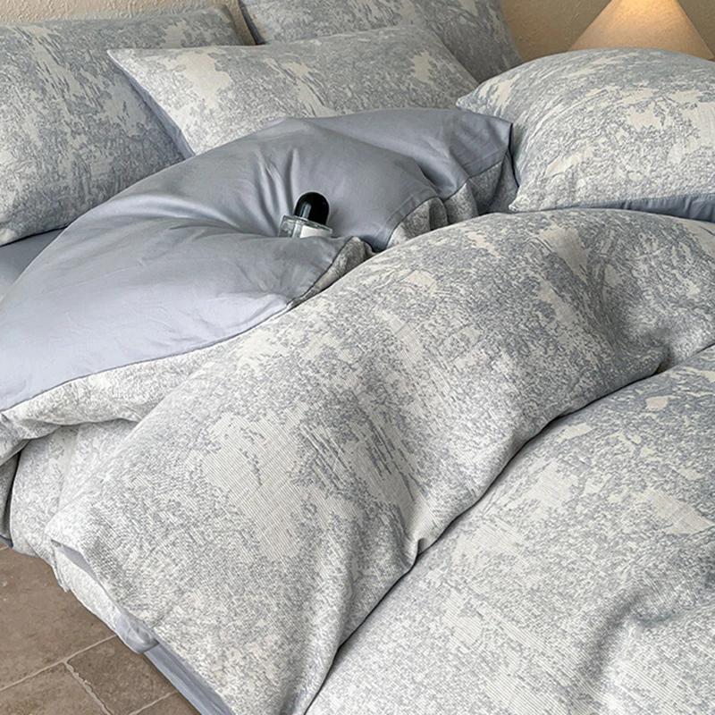 New 3-Layer Yarn Cotton Bedding Set High Quality Jacquard Solid Color Fitted Sheet Super Soft Skin Friendly Bedclothes