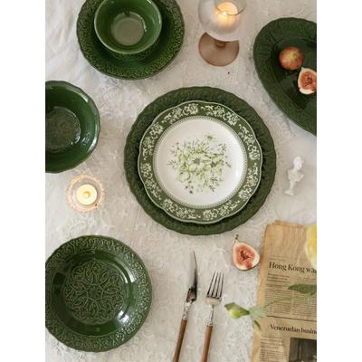 French Style Classic Green Retro Style Lace Ceramic Dinner Plate Ceramic Bowl Rectangular Plate Fashion Beautiful
