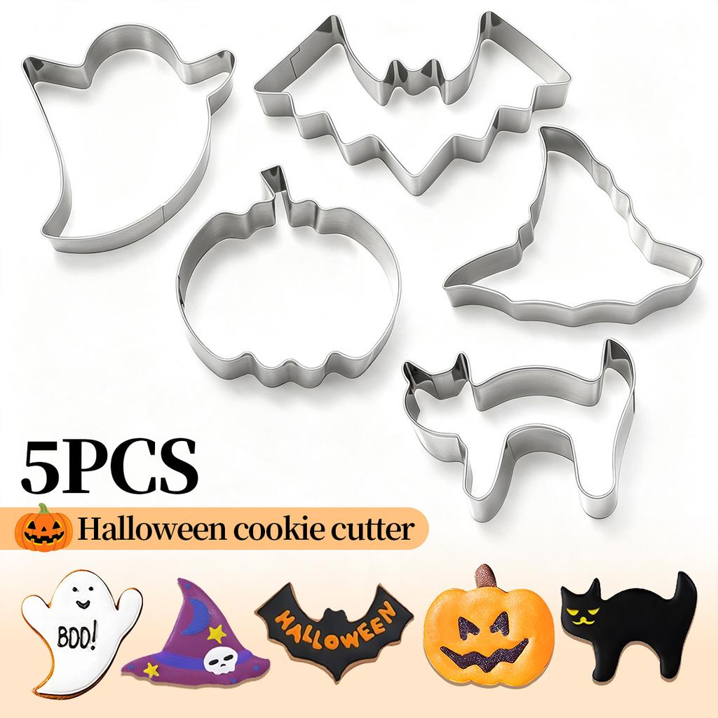 5 Pc Halloween Stainless Steel Cookie Cutter Set Bat Cat Ghost Hat Pumpkin Easy Press Quick Release for Home Baking