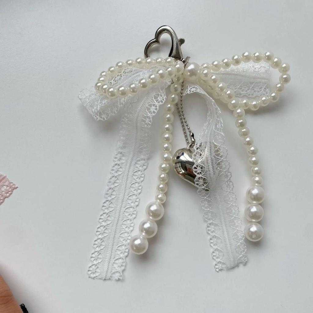 Lace Bowknot Keychain Imitation Pearls Beaded Pendant Keyring for Women Handbag Backpack Key Chain Ornament