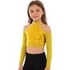 Girls Shiny Sequins Crop Top Long Sleeve Back Neck Press Buttons Closure Dance Shirt