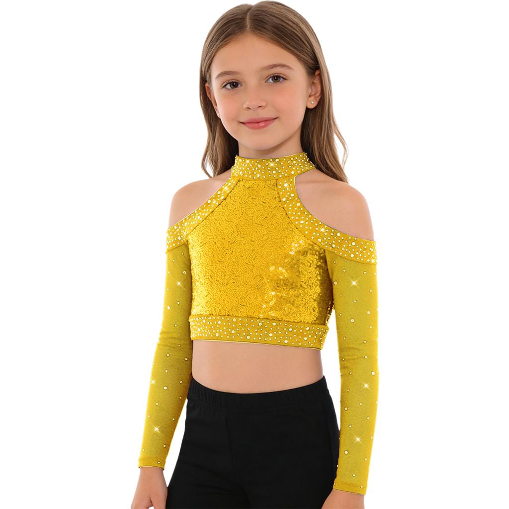 Girls Shiny Sequins Crop Top Long Sleeve Back Neck Press Buttons Closure Dance Shirt