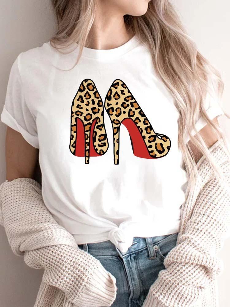 Modisches bedrucktes High-Heel-T-Shirt für Damen Modisches weißes Kurzarm-T-Shirt mit Schleifendesign Lässiges Home-Top für Mädchen