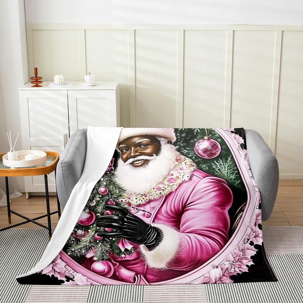 Black Santa Claus Fleece Throw Blanket Queen Kids Christmas Flannel Blanket Plush Fuzzy Xmas African American for Bed Couch