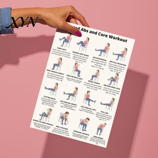 Seated Exercise Guide 2 Sheets Core Poster, Chair Workout Chart for Portable Reference Abs, Home Gym Wall Art, Strength Training Seniors