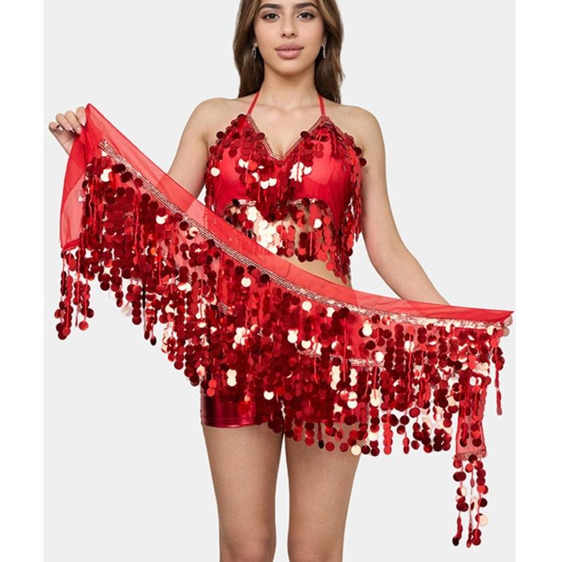 Shimmering Dance Performances Outfit With Detachable Sequins Fringe Accessories For Belly Dancers