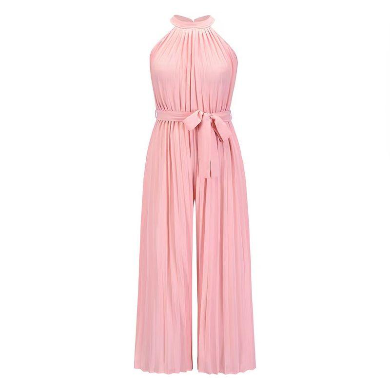 

Fashion Style Pleated Halterneck Jumpsuit Loose Vacation Beach Wide Leg Jumpsuit Wide Leg Jumpsuit Pink XXL