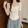 Sweet Temperament Square Collar Shoulder Short Sleeves Women's Summer Slim and Thin Small Short Tops Trendy