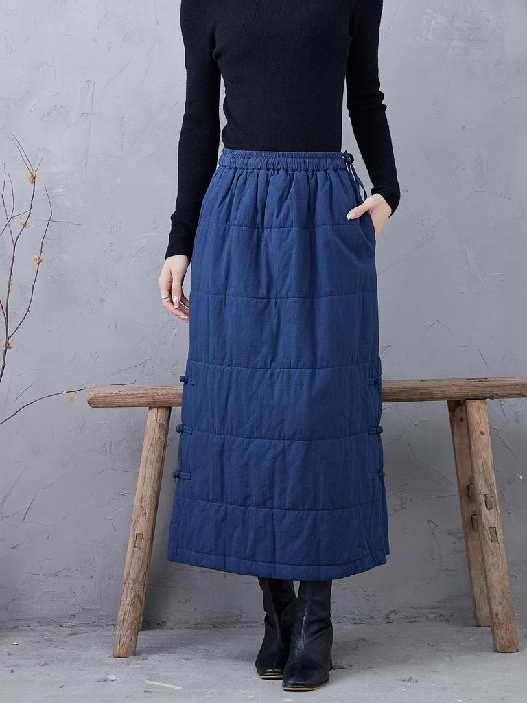 Autumn/Winter Navy Blue Quilted Cotton Midi Skirt - Plus Size, Slimming, Versatile, Chinese-Inspired, Intellectual Style