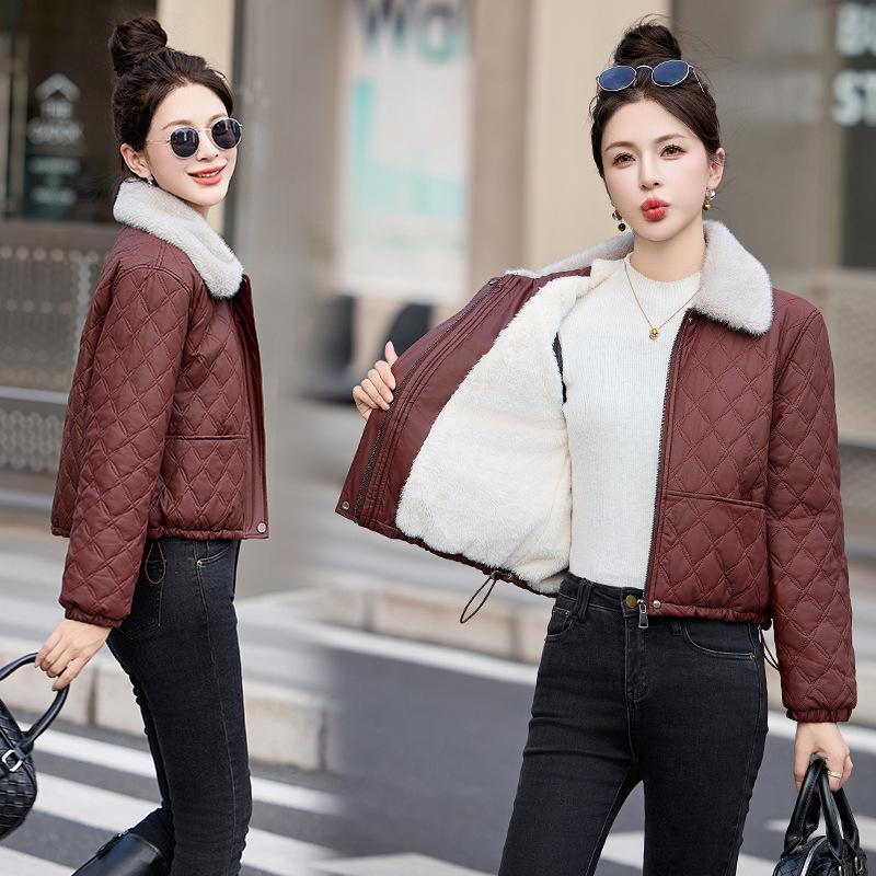 velvet leather jacket cotton-padded jacket new winter women's small leather cotton-padded jacket short thickened cotton-padded jacket